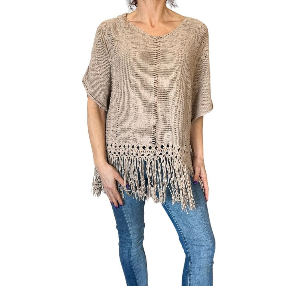 GRAHAM AND SPENCER WOMEN'S SWEATER TAN CROCHET KNIT V NECK FRINGE SHORT SLEEVE M